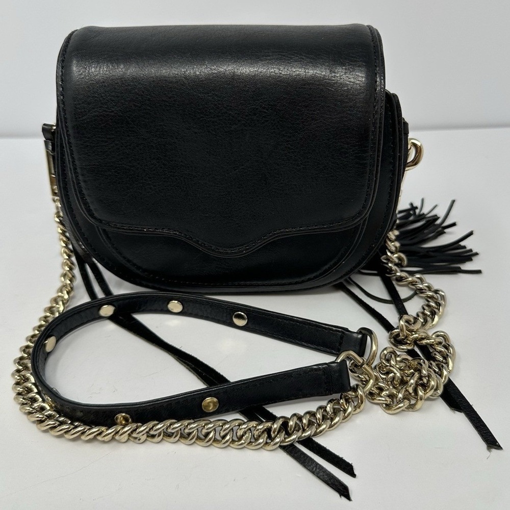 Rebecca Minkoff Black Leather Crossbody Saddle Bag w/ Tassel Gold Chain Strap A9
